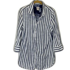 Chico's Gauze Striped Nautical‎ Mixed Media Blouse Tunic 3/4 Sleeves Button Up